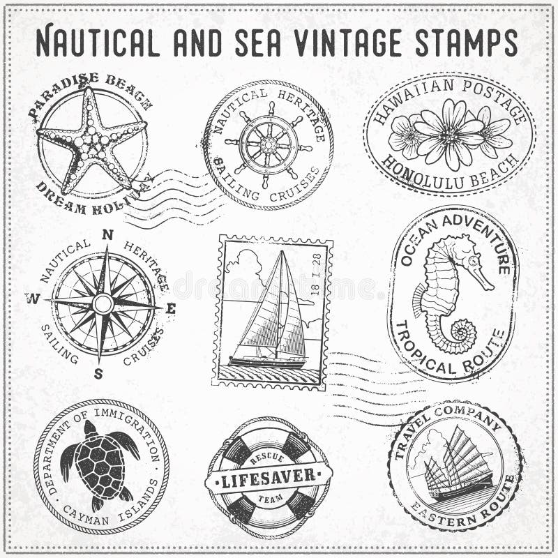 Vector Set of Retro SEA POST Stamps Stock Vector - Illustration of beach,  beige: 27262926