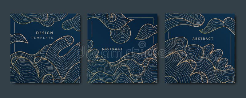 Vector sea waves japanese posters, patterns. Line oriental ornament, art deco golden on black backgrounds. Vintage style royalty free illustration