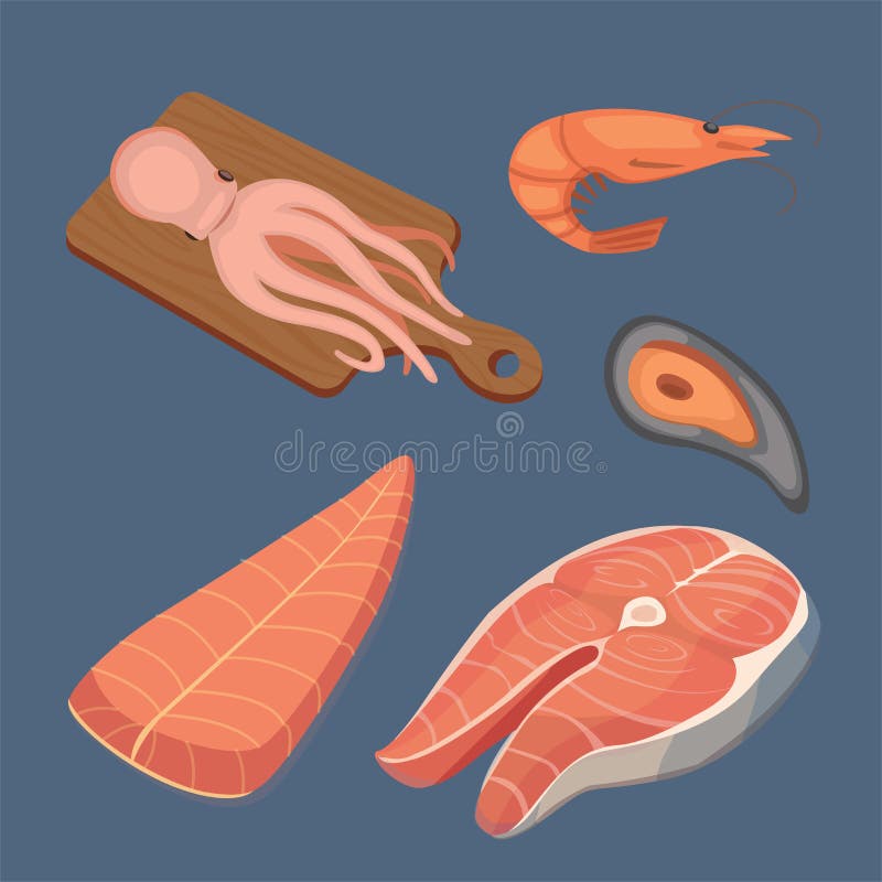 Vector Seafood illustrations set flat fresh fish and crab. Lobster and oyster, shrimp and menu, octopus animal