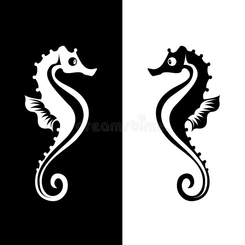 Graphical illustration of seahorse in black and white variants. Graphical illustration of seahorse in black and white variants