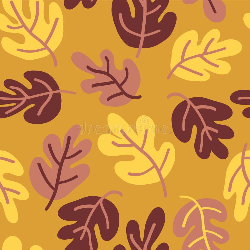 Vector seamless Autumn pattern of fall leaves. Oak leaf seaonal background red, yellow, gold, and pink for textile, digital paper