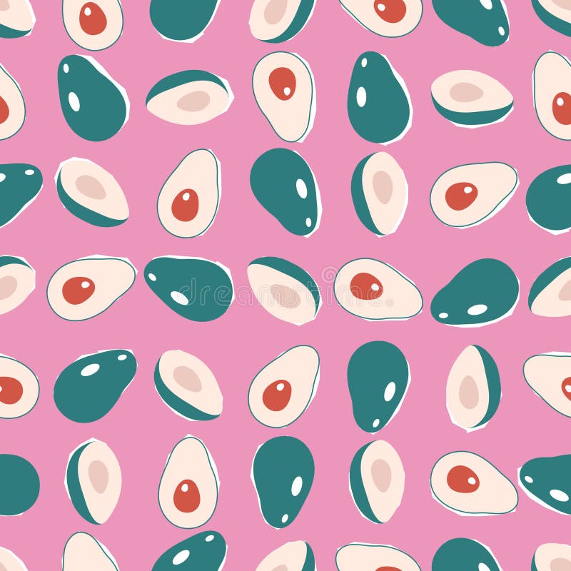 Vector seamless avocado pattern. Green fruit on a pink background. Trendy, modern design for printing, Wallpaper, fabrics, textile