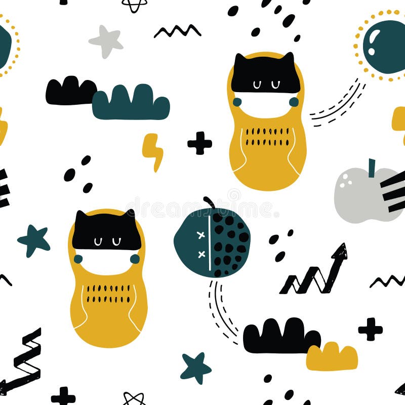 Hero Nesting dolls pattern. Vector seamless background patterns in Scandinavian style,cartoon cute nesing doll characters and elements for fabric design, wrapping paper, notebooks covers