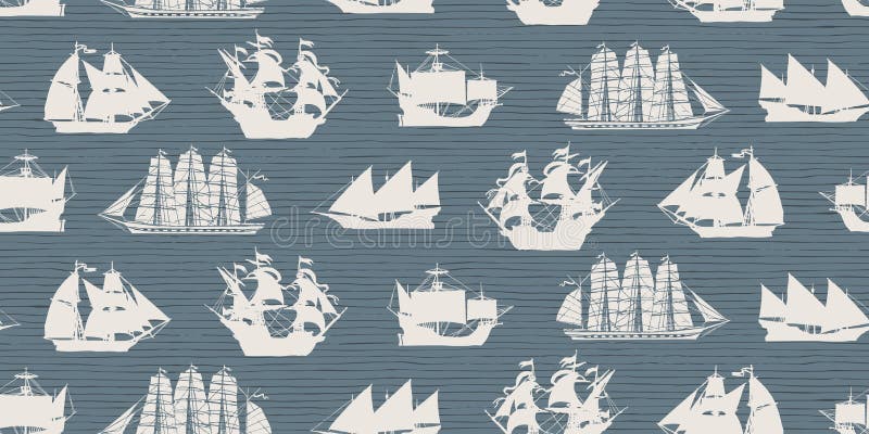 Vector seamless background on the theme of nautical travel with silhouettes of various sailing ships on the striped background in retro style. Suitable for wallpaper, wrapping paper, fabric. Vector seamless background on the theme of nautical travel with silhouettes of various sailing ships on the striped background in retro style. Suitable for wallpaper, wrapping paper, fabric