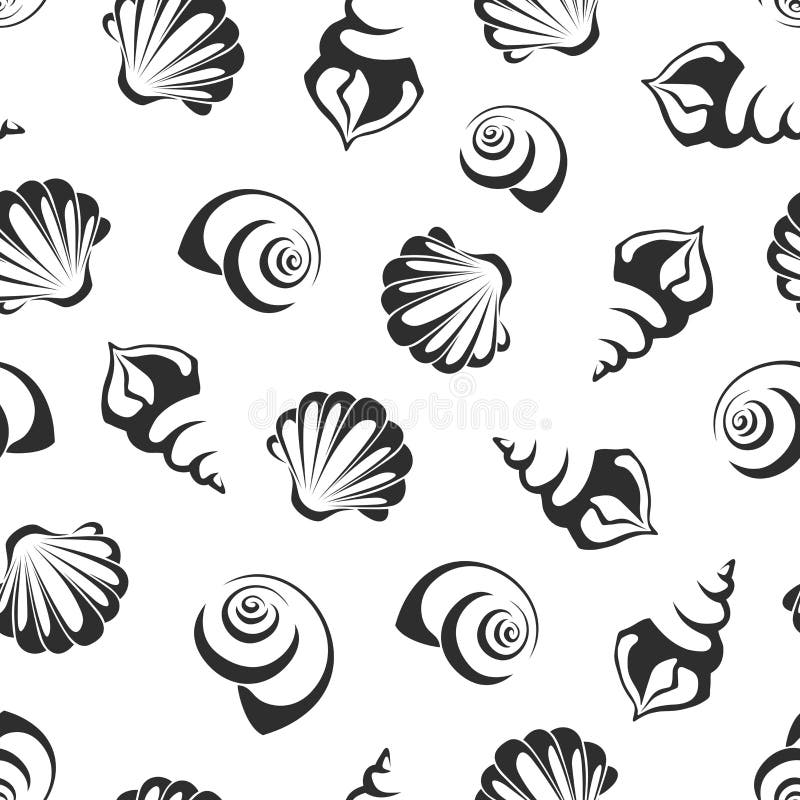 Vector seamless black and white pattern with sea shells. vector illustration