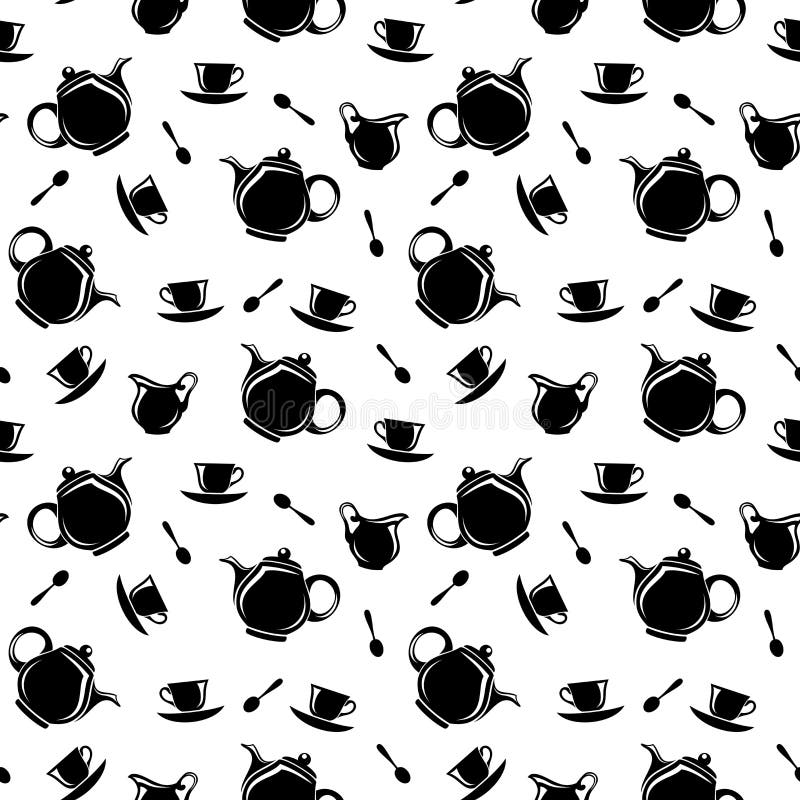 Seamless Black and White Pattern with Teapots and Cups. Vector ...