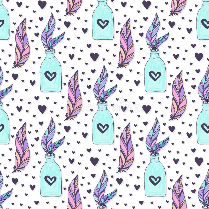 Vector seamless crystal gems pattern with feathers and hearts. Boho vector fashion print. Hipster background for textile vector illustration