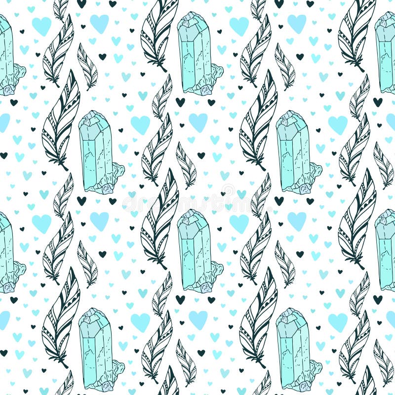 Vector seamless crystal gems pattern with feathers and hearts. Boho vector fashion print. stock illustration