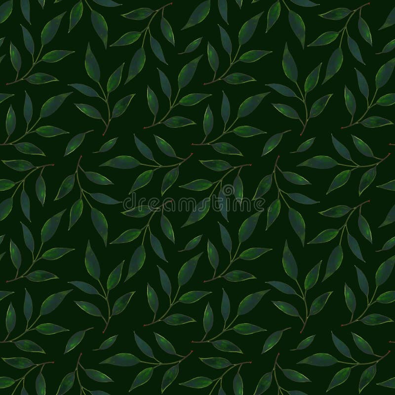 Vector seamless floral pattern. Hand drawing watercolor leaves on dark background.