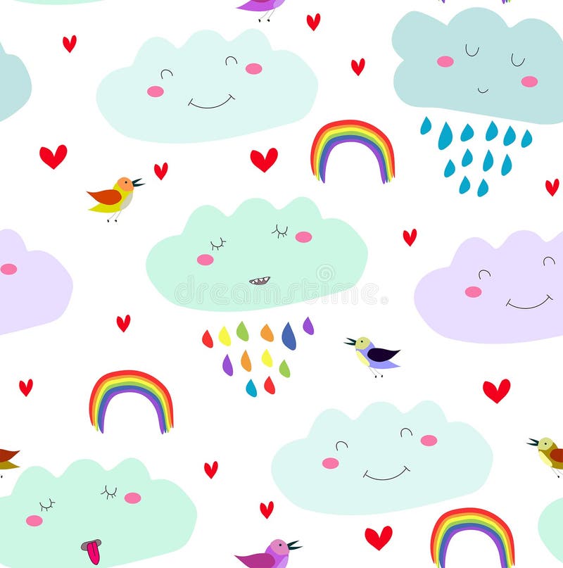 Vector seamless kawaii cartoon cute pattern with smiling clouds, rainbow, hearts,colorful birds on the white background. vector illustration Vector seamless kawaii cartoon cute pattern with smiling clouds, rainbow, hearts,colorful birds on the white background. vector illustration
