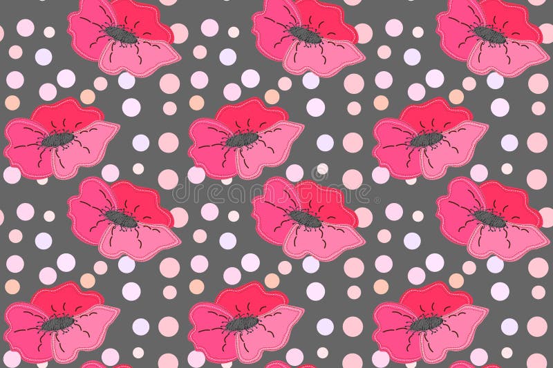 Patchwork-style pattern with pink poppy patches, hand-stitched sashiko centers royalty free illustration