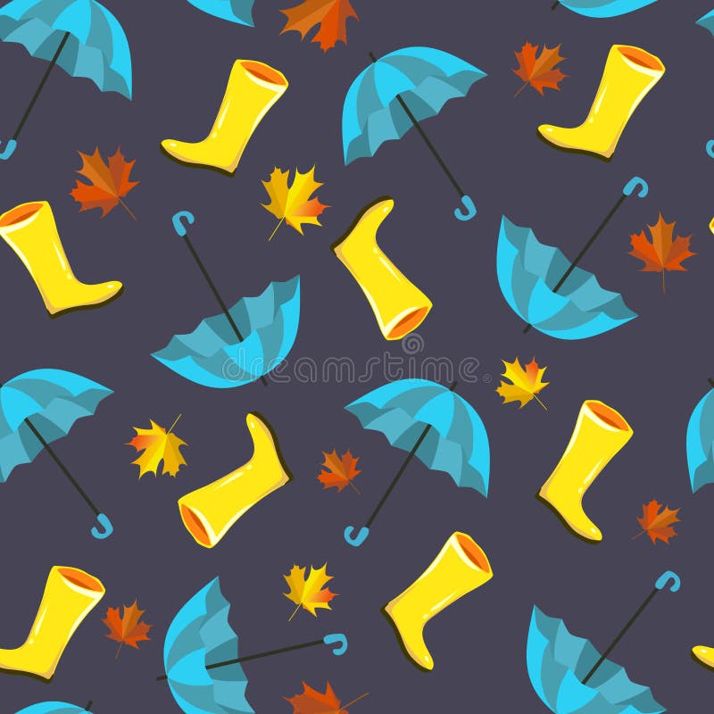 Vector seamless pattern with autumn elements, illustrations. Yellow rain, rubber boots,blue umbrellas and maple leaves, foliage. A royalty free illustration Vector seamless pattern with autumn elements, illustrations. Yellow rain, rubber boots,blue umbrellas and maple leaves, foliage. A royalty free illustration