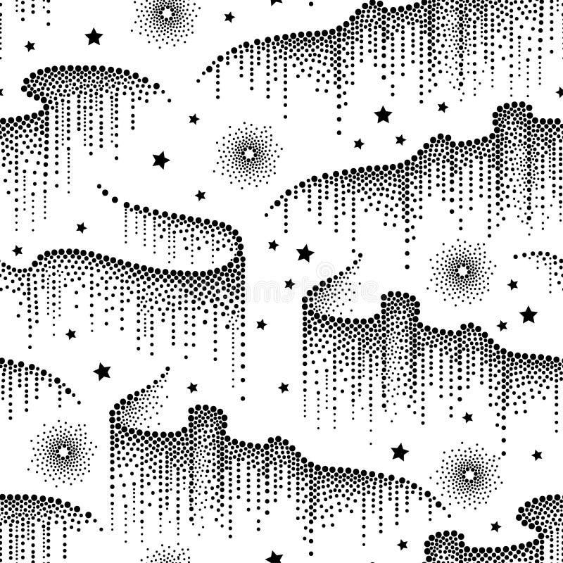 Vector seamless pattern with black dotted swirls of Aurora borealis or northern light on the white background with stars. royalty free illustration