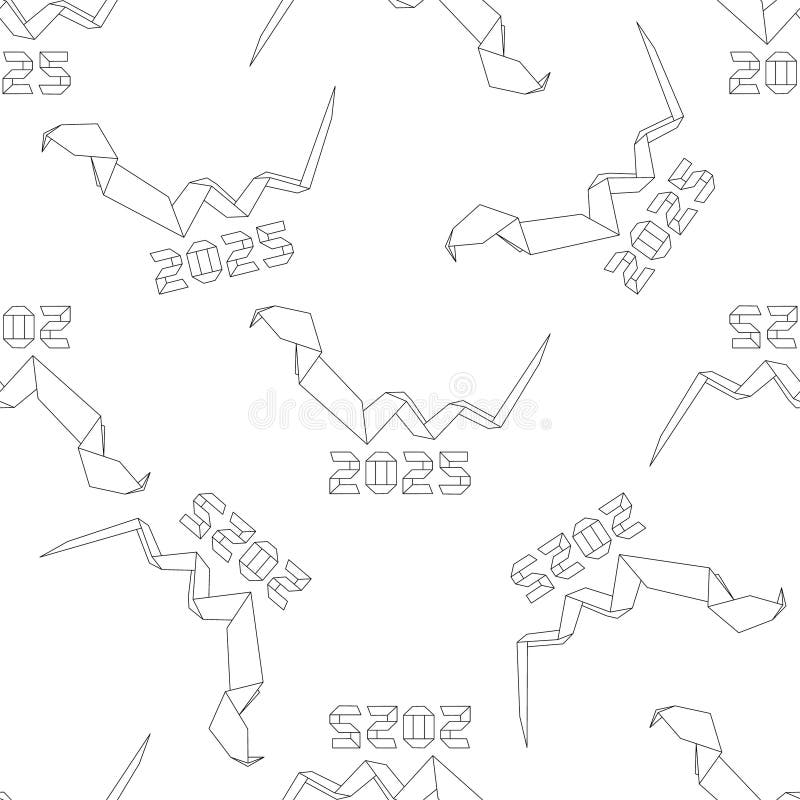 Vector seamless pattern with black origami snake under number 2025. Isolated serpent silhouette design combined as numeric symbol stock illustration