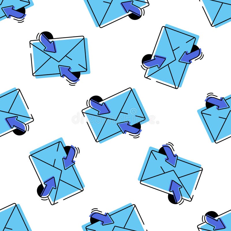 Vector seamless pattern with blue email envelopes and arrows. Perfect for digital communication, online messaging, and mailing stock illustration