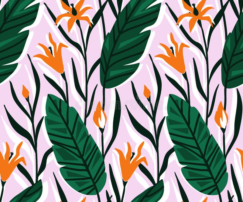 Vector seamless pattern with bright tropical flowers and palm leaf.