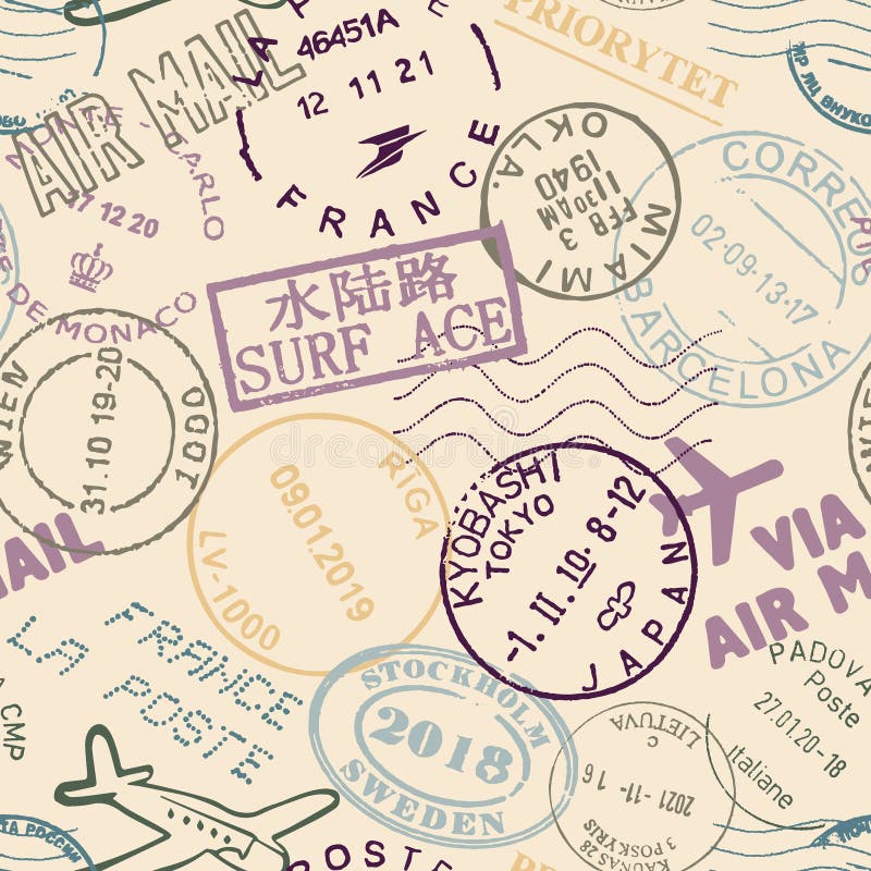 Vector seamless pattern color post stamps from different countries stock illustration