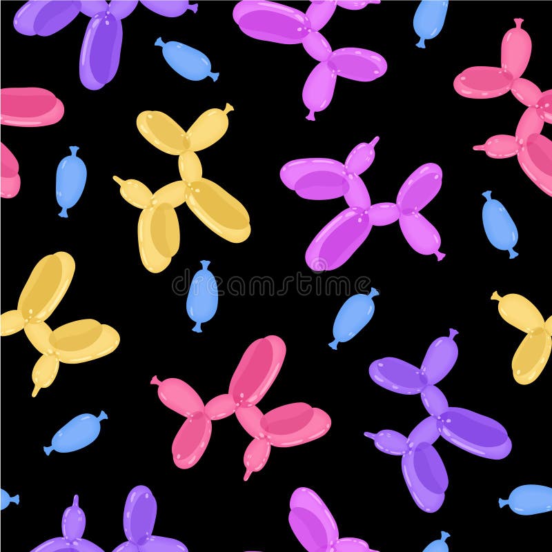 Vector seamless pattern with colorful balloon dogs on black background.