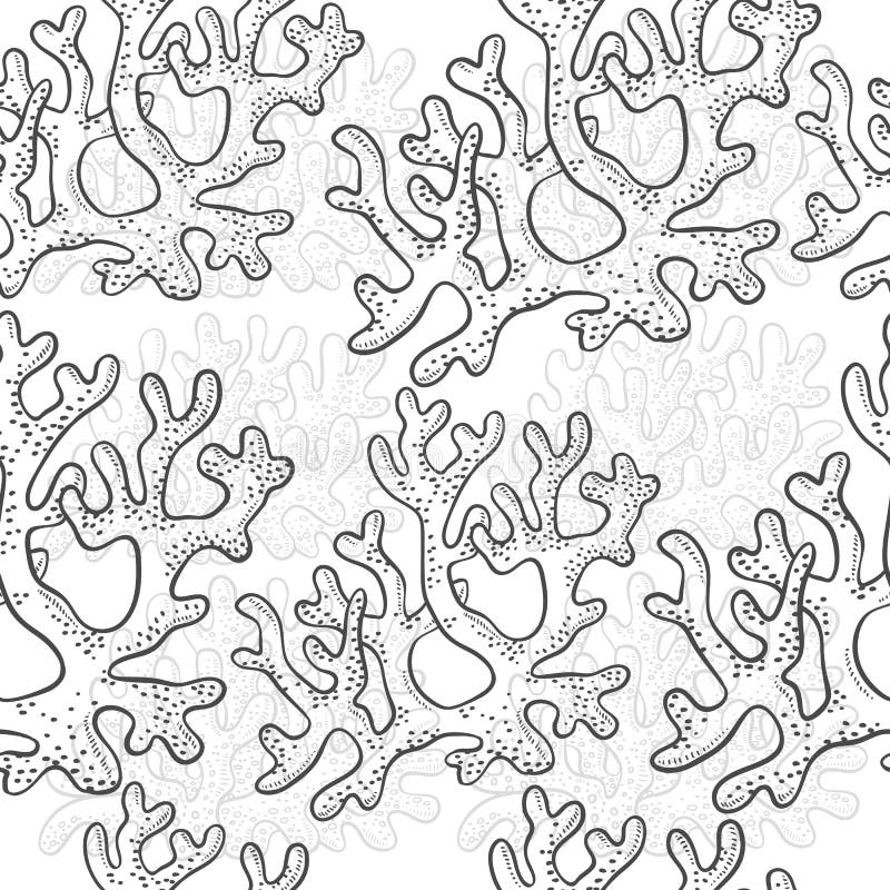 Vector seamless pattern corrals. Polyps monochrome black white outline sketch illustration isolated on white background for design of tourist marine theme