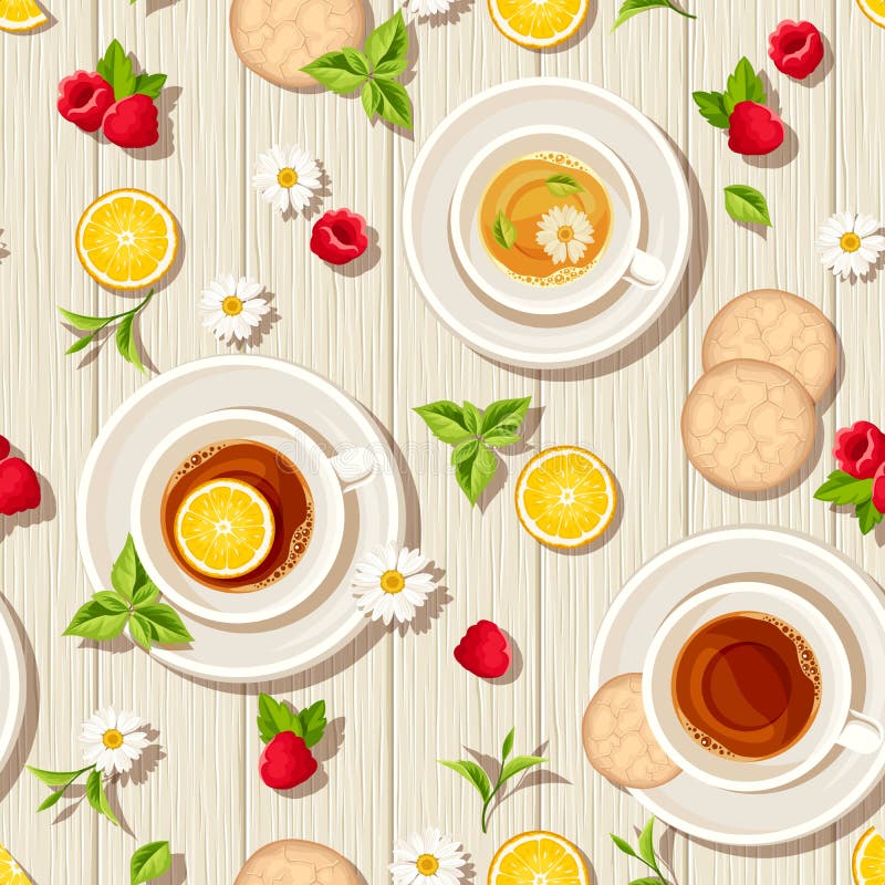Vector seamless pattern with cups of tea, fruits and leaves on a wooden background.