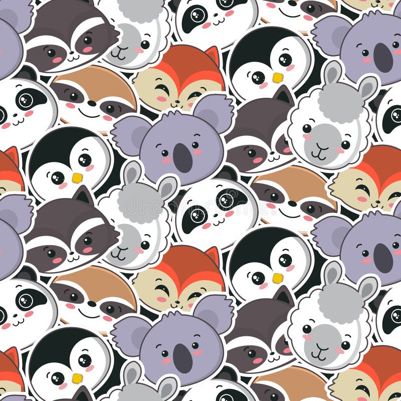 Vector seamless pattern with cute animal faces