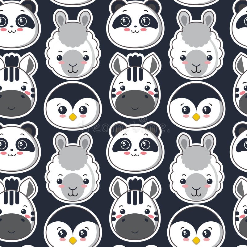 Vector seamless pattern with cute black and white animal faces