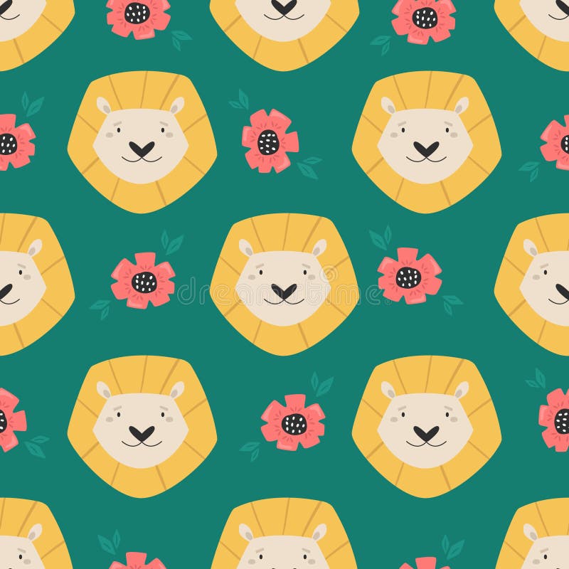 Vector seamless pattern with cute lion faces, flowers and green foliage royalty free illustration