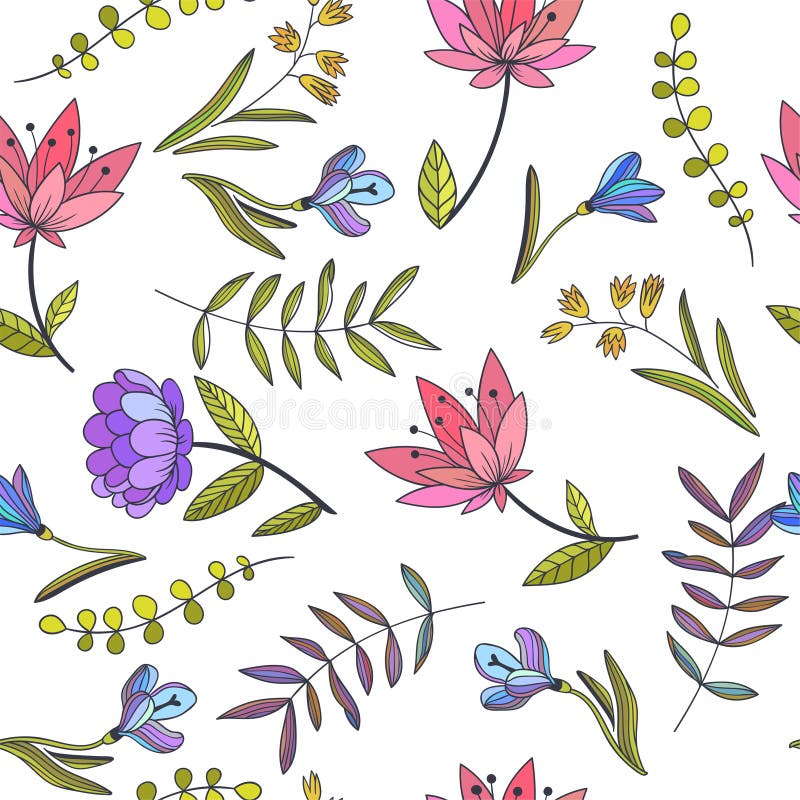 Vector seamless pattern with decorative flowers. Hand drawn botanical illustration. Ornamental floral texture