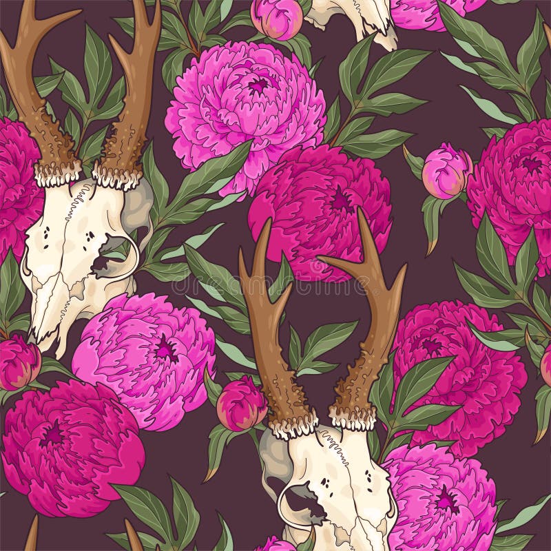 Deer Skull and Pink Peony Seamless Pattern Stock Vector - Illustration