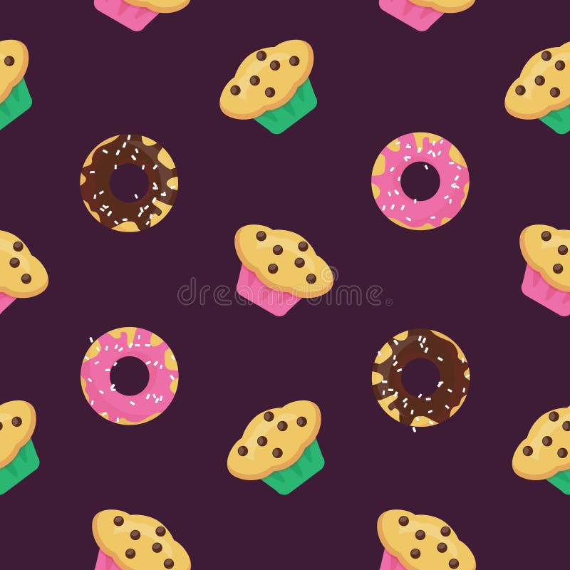 Vector seamless pattern with donuts glazed by chocolate and strawberry cream and muffins. Design for booklet, menu, wrapping, text