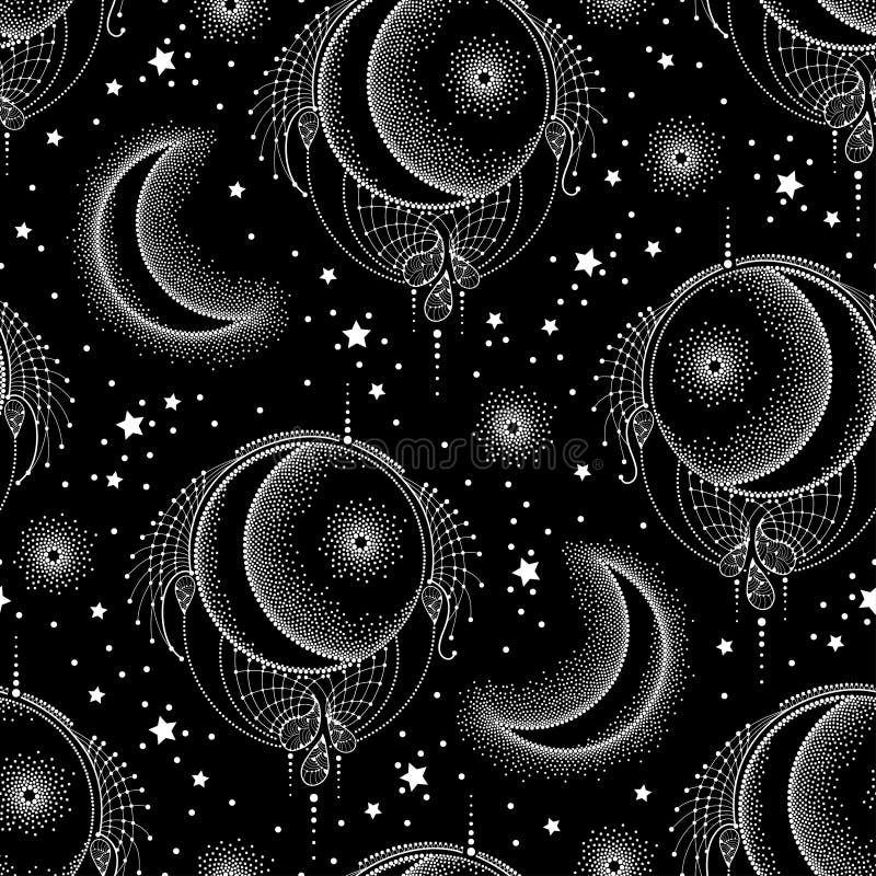 Vector seamless pattern with dotted half moon, star and ornate white lace on the black background. Design with astronomy symbols. vector illustration