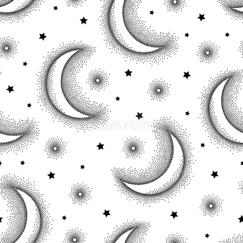 Vector seamless pattern with dotted half moon and stars in black on the white background. Design of astronomy symbols in dotwork. stock illustration