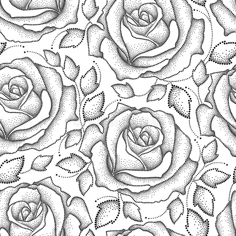 Vector seamless pattern with dotted rose flowers and leaves in black on the white background. Floral background with open roses. vector illustration
