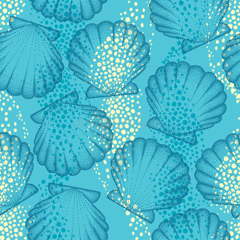 Vector seamless pattern with dotted Sea shell or Scallop on the blue background. Maritime. Marine and aquatic theme. stock illustration