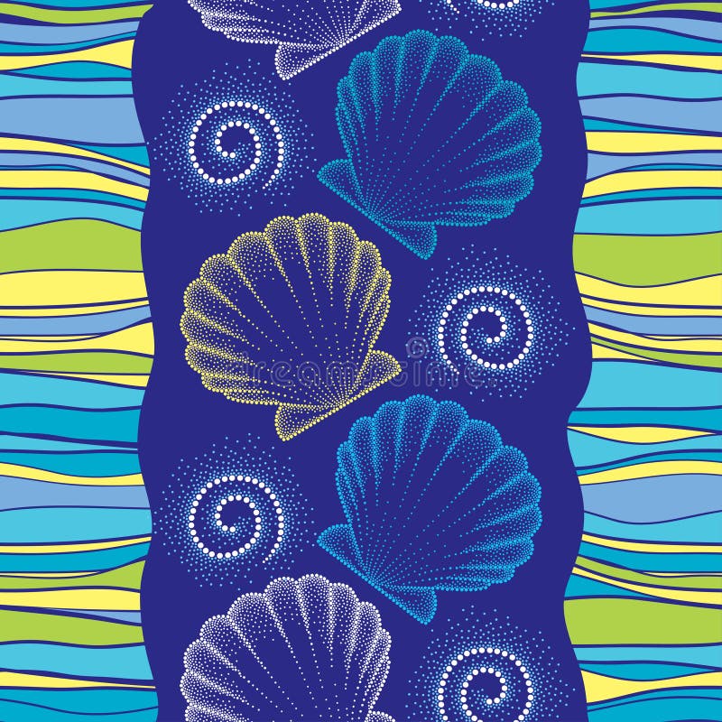 Vector seamless pattern with dotted Sea shell or Scallop on the blue background with swirls and stripes. Marine theme. stock illustration