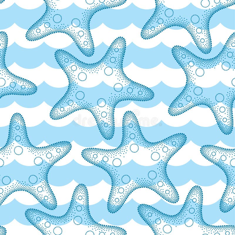 Vector seamless pattern with dotted Starfish or Sea star in blue and waves. Marine theme.