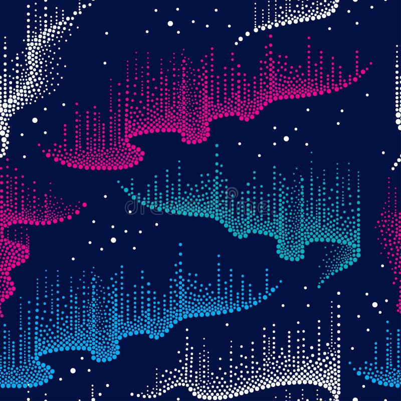 Vector seamless pattern with dotted swirls of color northern or polar light in blue, pink and white on the dark background. royalty free illustration