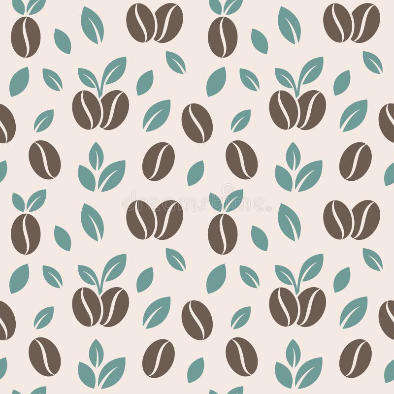 Vector seamless pattern featuring stylized coffee beans and green leaves. stock illustration