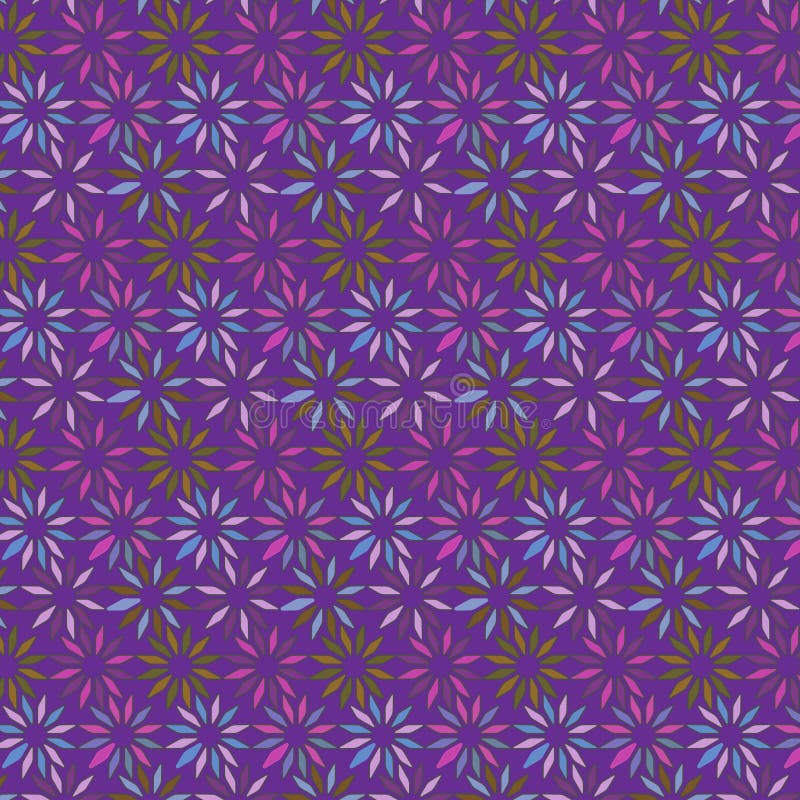 Vector seamless pattern of flowers in blue, green and pink over deep violet background stock illustration