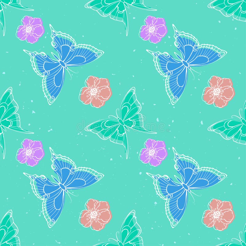 Vector Seamless Pattern with Flowers and Butterflies. Stock Vector