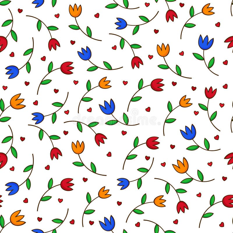 Vector seamless pattern with flowers and hearts