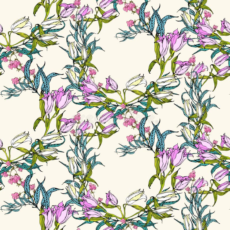 Vector seamless pattern with flowers and leaves