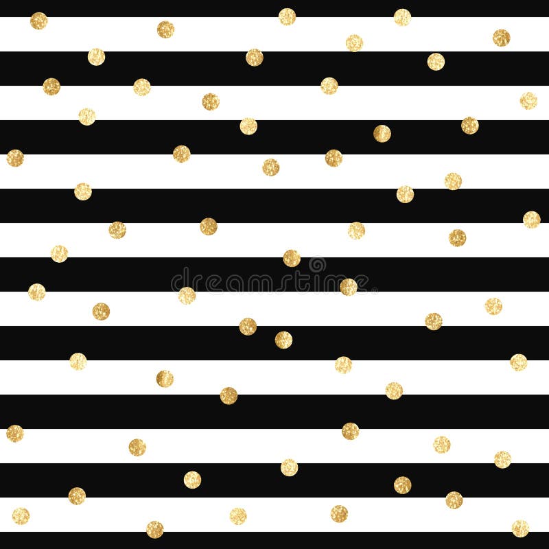 Vector seamless pattern with gold glitter polka dots on black and white stripes background vector illustration