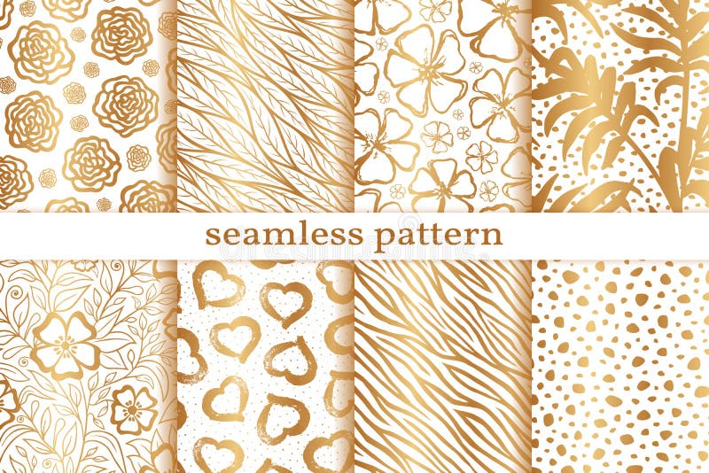 Vector seamless pattern. Gold hand drawn background. Repeated pattern. Set of repeating abstract golden texture. Collection patern