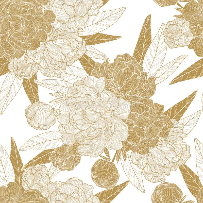 Vector seamless pattern with gold line art peonies flowers and leaves on white background. Hand drawn peony in outline style.