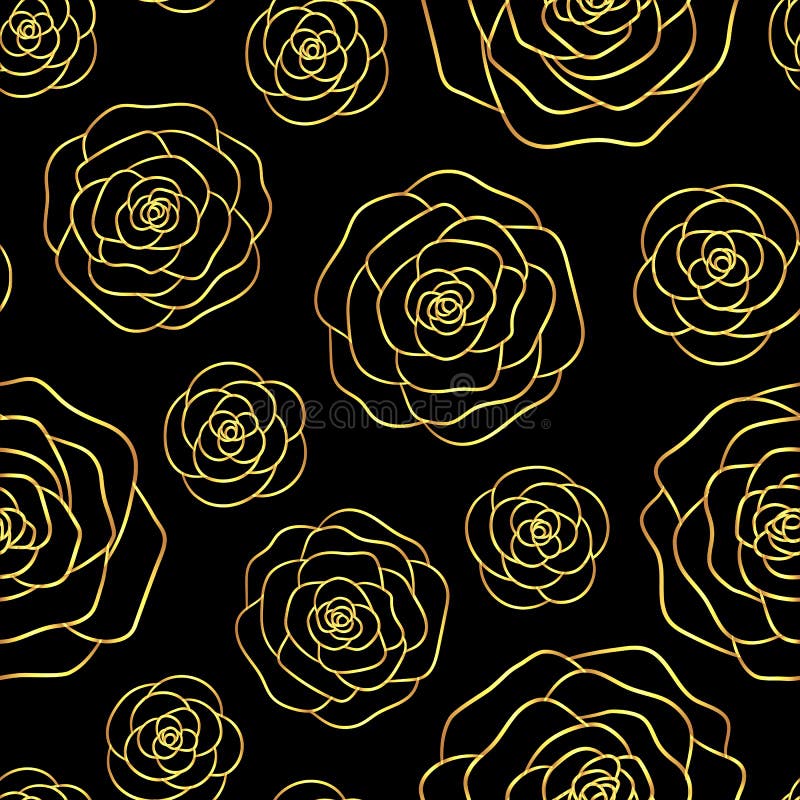 Vector seamless pattern with gold roses outline on the black background.