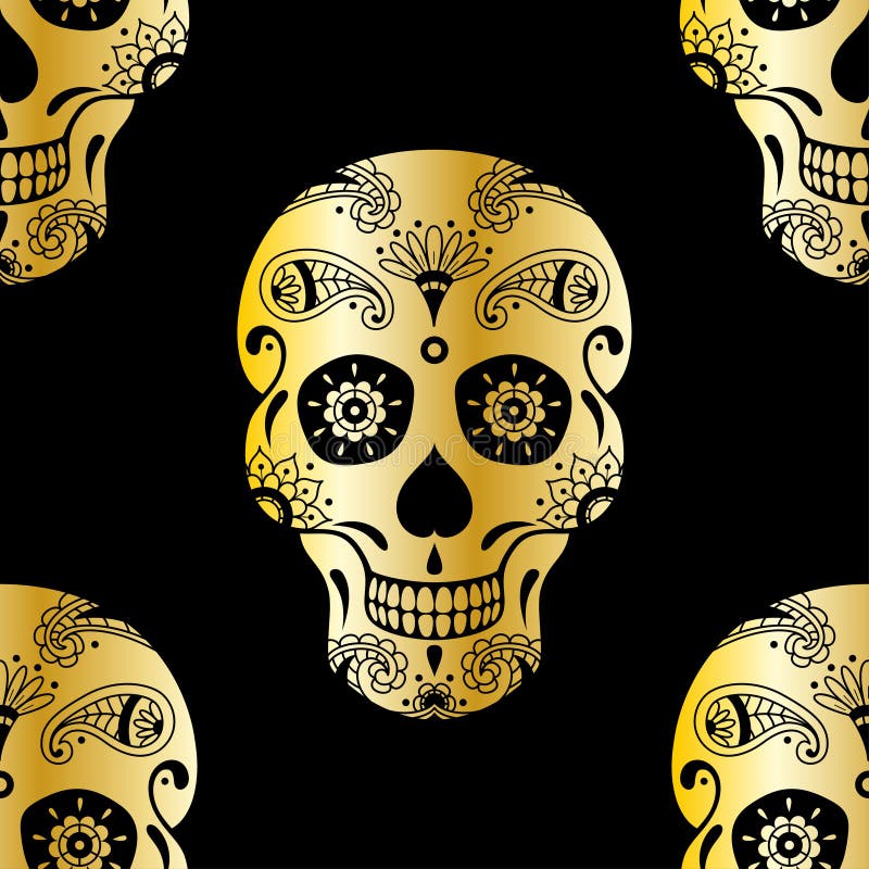 Vector Seamless Pattern of Golden Sugar Skull with Doodle Pattern Stock ...