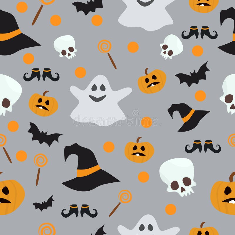 Vector seamless pattern for Halloween. Pumpkin, ghost, bat, candy, and other items on theme. Bright cartoon