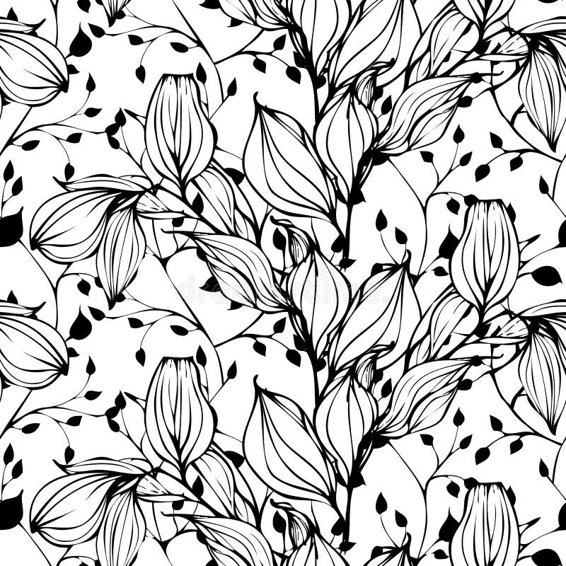 Vector seamless pattern with hand drawing black and white leaves