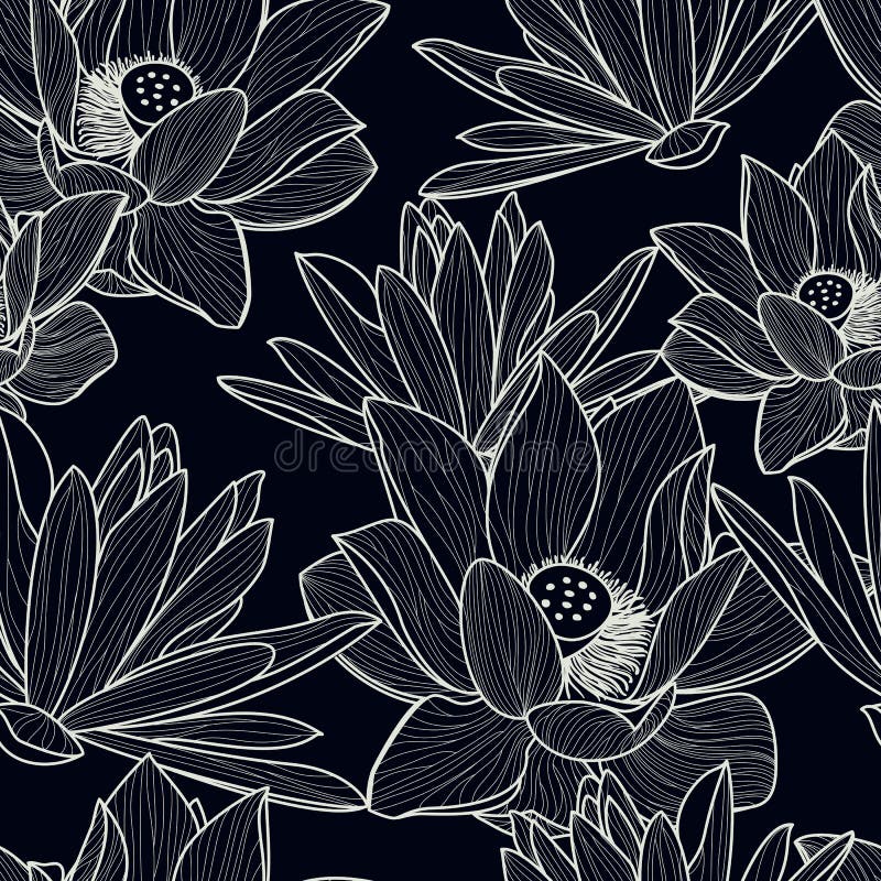 Vector seamless pattern with hand drawn beautiful lotus flower.